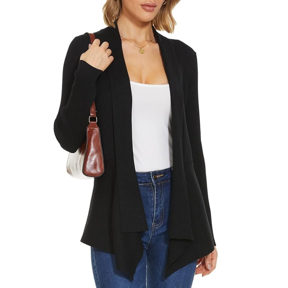 Verve Ami Black Cardigan Draped Open Front Waterfall